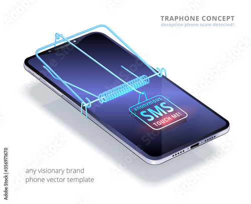 Trap phone concept. Combination of generic smartphone and virtual mouse trap. SMS button is like a bait. Metaphor about deception by a phone scam. 3d realistic cell phone is above a white background.