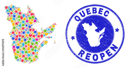 Celebrating Quebec Province map mosaic and reopening grunge seal. Vector mosaic Quebec Province map is formed of scattered stars, hearts, balloons.