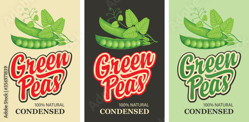Green peas labels in retro style. Set of vector labels or banners for green peas with the image of a realistic green peas, pods, tendrils, leaves and inscription