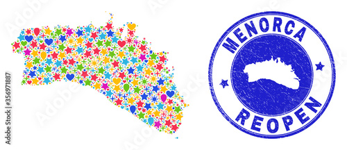 Celebrating Menorca Island map collage and reopening textured stamp seal. Vector collage Menorca Island map is composed with scattered stars, hearts, balloons.