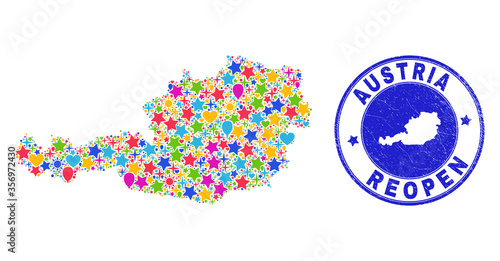 Celebrating Austria map collage and reopening scratched seal. Vector collage Austria map is designed with randomized stars, hearts, balloons. Rounded awry blue seal with distress rubber texture.