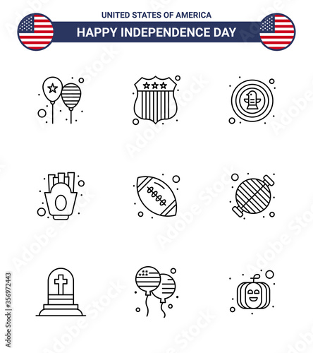 Happy Independence Day Pack of 9 Lines Signs and Symbols for ball; fries; american; french fries; badge photo