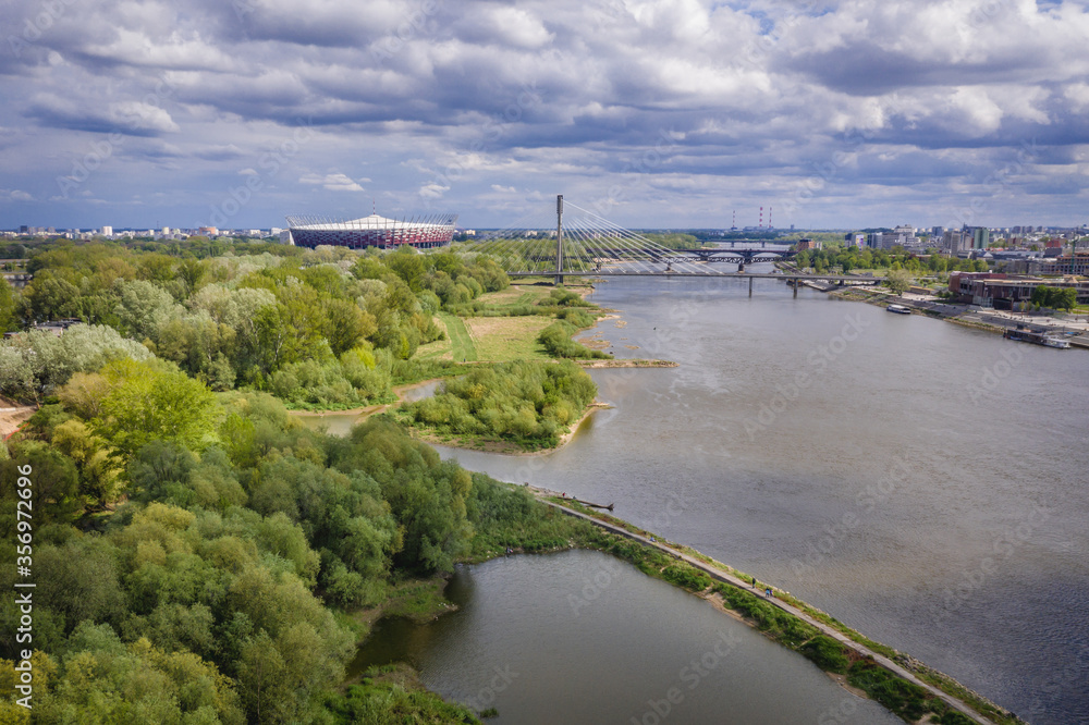 Drone view over River Vistula in Warsaw, capital city of Poland
