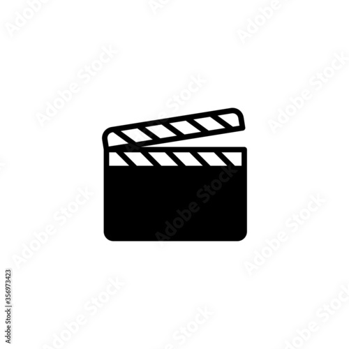 Clapper board icon in black flat glyph, filled style isolated on white background