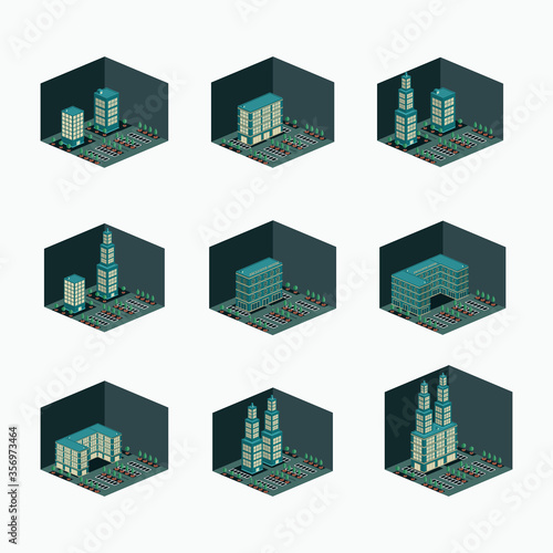 luxury hotel, twin tower, u shape building, mall, super market vector design - isometric construction building set at the night