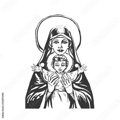 Madonna and Jesus Child Sketch Drawing. Blessed Virgin Mary with Baby Jesus. Vector 