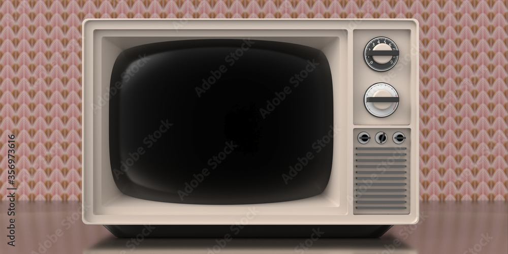 Retro old tv on art deco vintage wall background. 3d illustration Stock