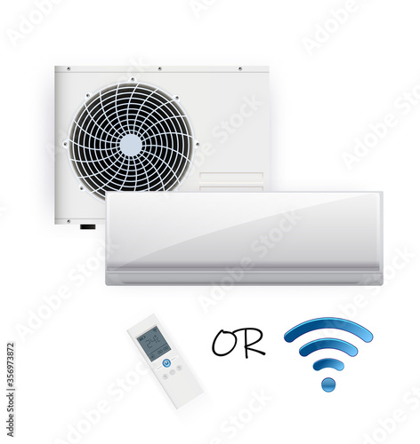 Split system air conditioner inverter. Realistic conditioning with with WiFi control over the internet and Antivirus features and remote control. Vector illustration climate control system