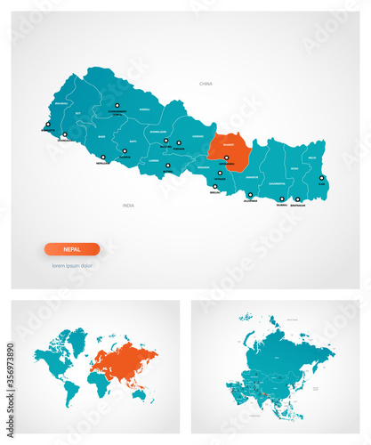 Editable template of map of Nepal with marks. Nepal on world map and on Asia map.