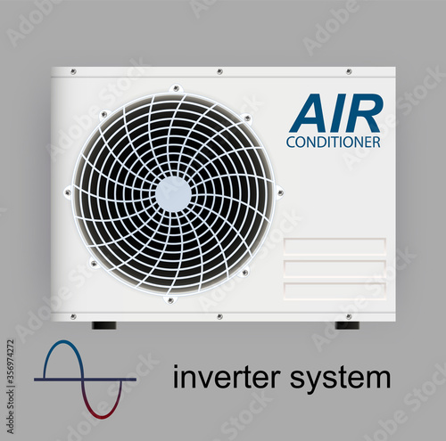 Split system air conditioner inverter. Realistic conditioning with with WiFi control over the internet and Antivirus features and remote control. Vector illustration climate control system