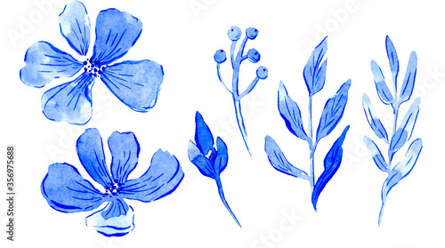 Fototapeta Naklejka Na Ścianę i Meble -  Flower clip art. Watercolor blue flowers and leaves. Isolated on a white background