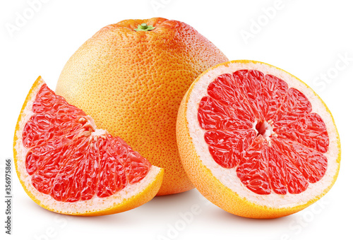 Ripe grapefruit citrus fruit with half and slice isolated on white background with clipping path. Full depth of field.