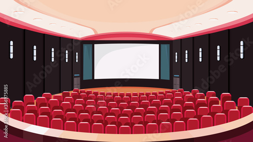 Empty cinema hall. Movie theatre with white screen.