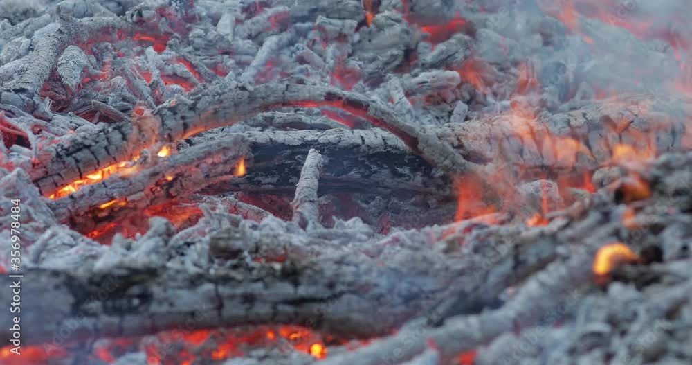Close up of glowing burning embers with smoke and fire Close up of glowing burning embers with smoke and fire