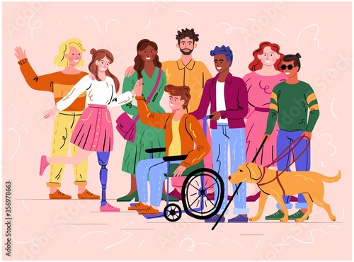 Group of diverse happy smiling disabled people and guide dog with an assortment of different handicaps on a pink background, colored vector illustration
