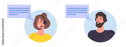 Call center avatar. Customer service, hotline concept. Office workers with headsets, telemarketing agents. Vector illustration