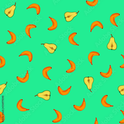 Sweet and fruity seamless pattern. Bananas and pears on blue background.