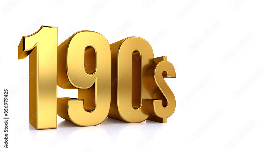 190$. one hundred ninety price symbol. gold text 3d render. on white background 190$. one hundred ninety price symbol. gold text 3d render. on white background