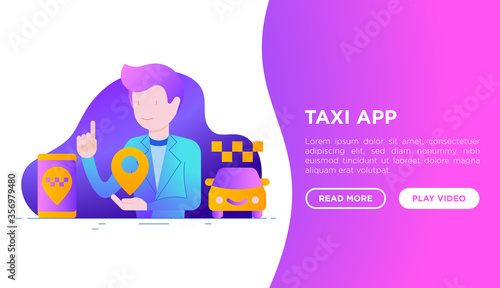 Man using taxi app. Web page template with flat icons: app settings, info, support service, location, pointer, route, destination. Vector illustration.