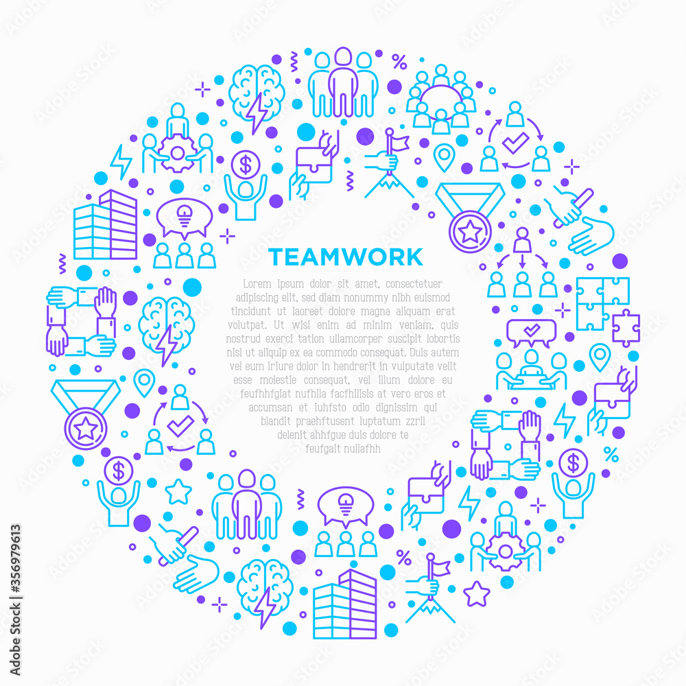 Teamwork concept in circle with thin line icons: relay race, brainstorm, success, meeting, idea share, collaboration, joint project, unity, support, delegation, bonus. Modern vector illustration. Teamwork concept in circle with thin line icons: relay race, brainstorm, success, meeting, idea share, collaboration, joint project, unity, support, delegation, bonus. Modern vector illustration.