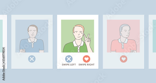 Dating application banner design. Men profiles with swipe left or right buttons. Happy and smiling, upset, and gloomy men cartoon outline illustrations. App screens with avatar characters.