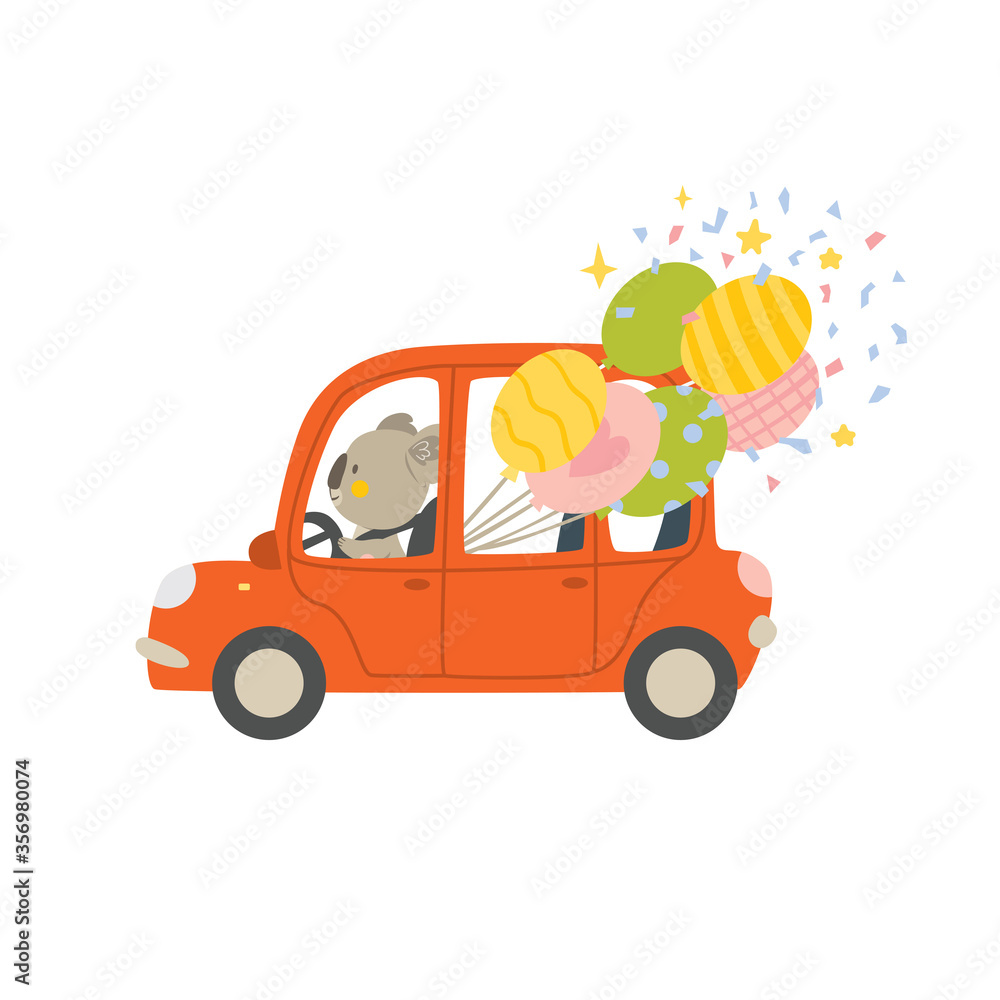 Koala with a car and balls. Vector illustration. Excellent for kids, design of postcards, posters, stickers and so on. Koala with a car and balls. Vector illustration. Excellent for kids, design of postcards, posters, stickers and so on.