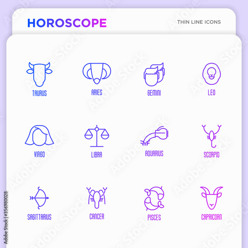 Set of zodiacal icons for horoscope wheel, chart, banner, web site. Vector illustration in thin line style.