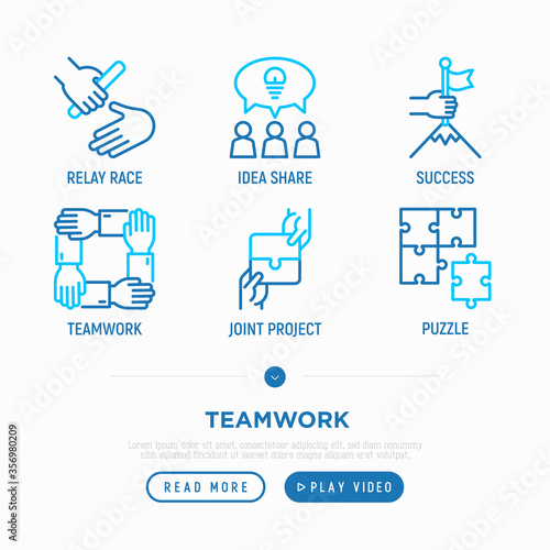 Teamwork thin line icons set: relay race, success, idea share, joint project, unity. Modern vector illustration.