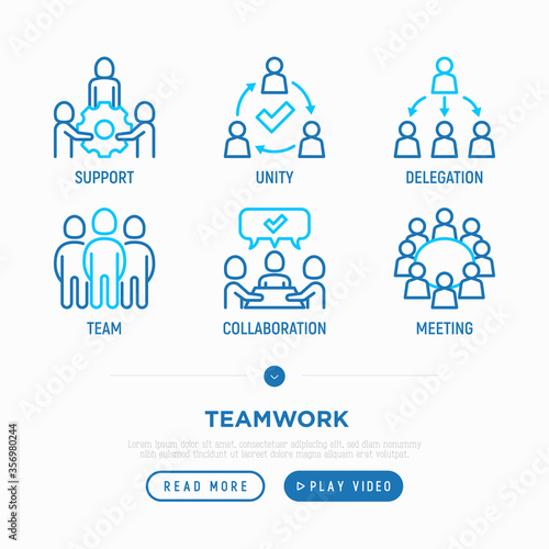 Teamwork thin line icons set: meeting, idea share, collaboration, team, unity, support, delegation. Modern vector illustration.