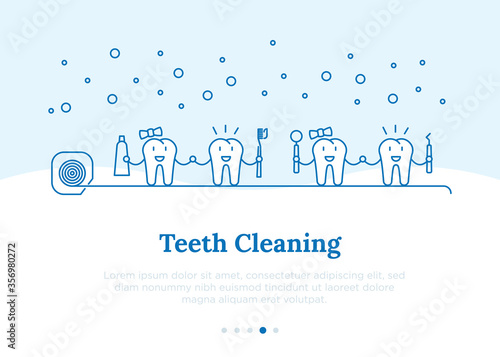 Teeth cleaning concept in thin line style for kids. Two happy tooth, boy and girl, are holding hands with toothpaste and brush and smiling. Vector illustration.