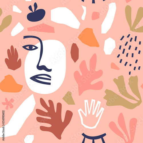 Abstract seamless pattern illustration with natural shapes, freehand matisse style modern decoration. Trendy fashion background includes minimalist terrazzo art and exotic summer doodles. 