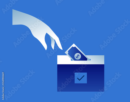 Political election illustration in modern flat gradient style. Human hand giving money to ballot box for politic campaign donation, financial bribery or voting fraud concept.
