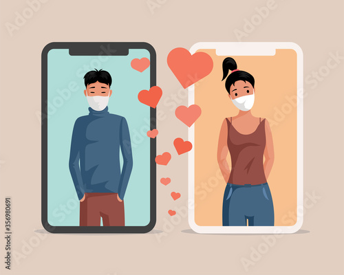 Dating application during coronavirus outbreak vector flat cartoon concept. Young happy people in protective face masks falling in love. Smartphone display with woman and man profiles, heart signs.