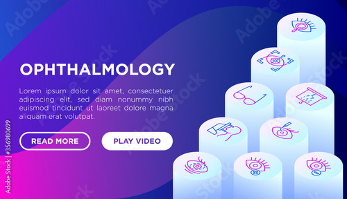 Ophthalmology web page template with thin line isometric icons: laser eye surgery, eye test, eye drops, contact lenses, cataract, astigmatism, phoropter, autorefractometer. Vector illustration.