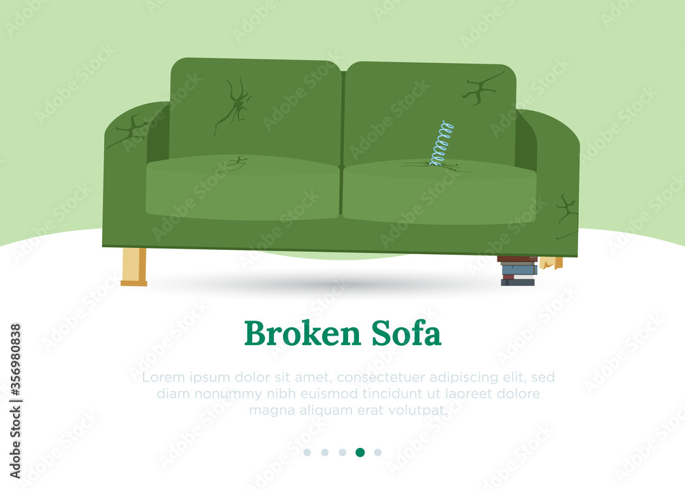 Broken old couch with holes and spring from the seat. Flat vector illustration. Stock Vector