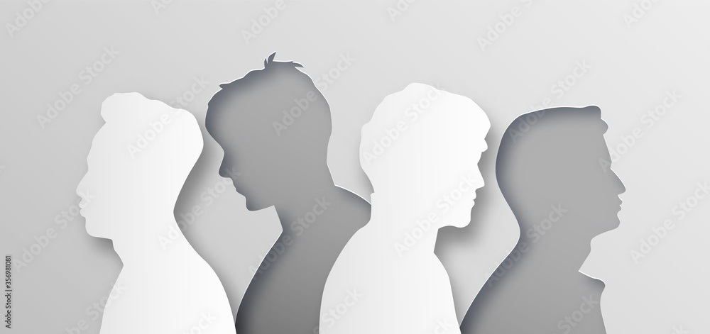 Men people group illustration in abstract layered paper cut style. All male team for men's issues or man psychology concept. Modern papercut design of boy crowd from side profile view.