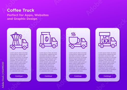 Mobile user interface for coffee delivery, takeaway. Street cafe contains coffee truck with thin line icons of coffee machine, coffee maker, bag and beans. Vector illustration.