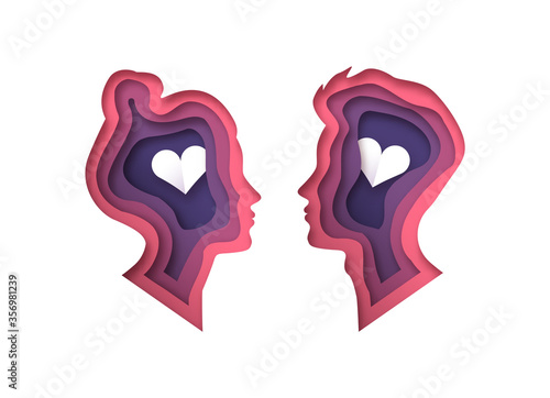 Man and woman heads in 3d paper cut style with cutout heart shape for romantic relationship or love psychology concept. Young straight couple papercut illustration on isolated white background.