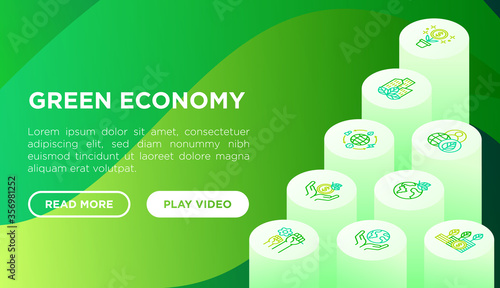 Green economy web page template with thin line isometric icons: financial growth, green city, zero waste, circular economy, green politics, anti-globalism. Vector illustration for environmental issues