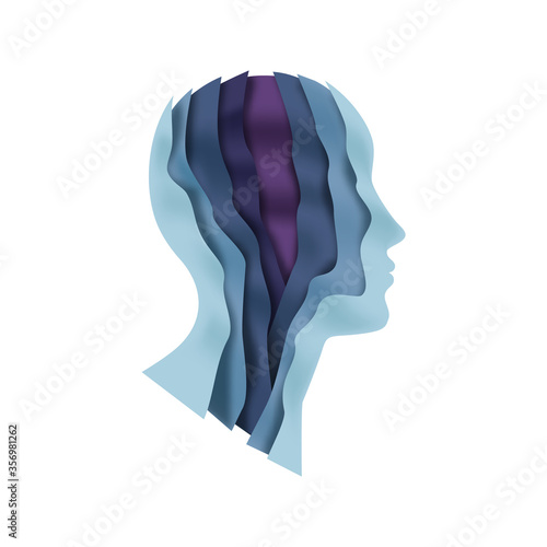 Paper cut man head illustration on isolated white background. Colorful unisex person face profile with layered 3D papercut waves for psychology therapy, creative mind or social business concept.  photo