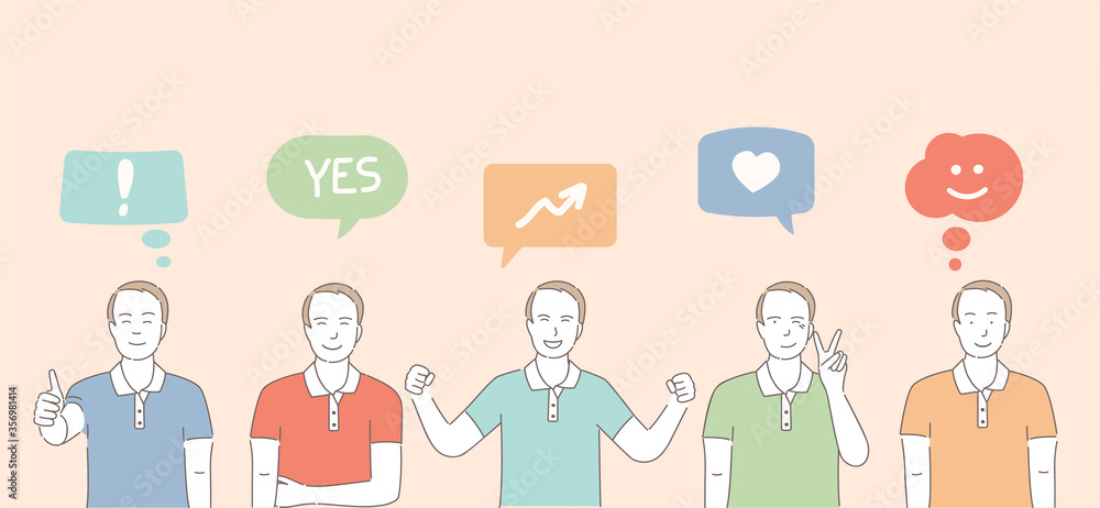 Set of different male emotions with speech bubbles. Young man feeling positive, good emotions. Happiness, joy, wink, smile, love, and success expressions vector cartoon outline illustration. Set of different male emotions with speech bubbles. Young man feeling positive, good emotions. Happiness, joy, wink, smile, love, and success expressions vector cartoon outline illustration.