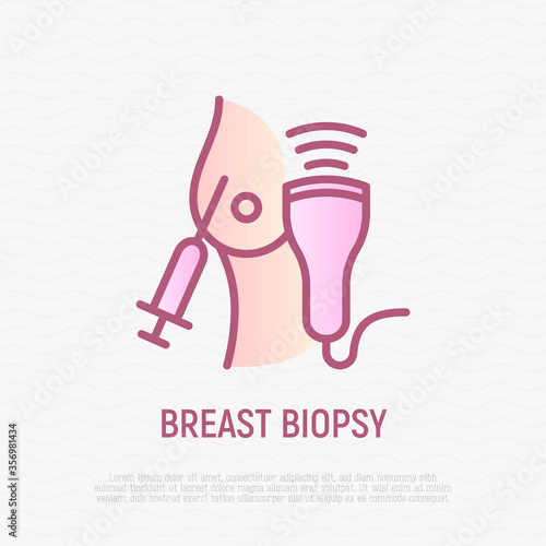 Breast biopsy thin line icon. Syringe and ultasound near the breast. Medical diagnostics of oncology. Vector illustration.