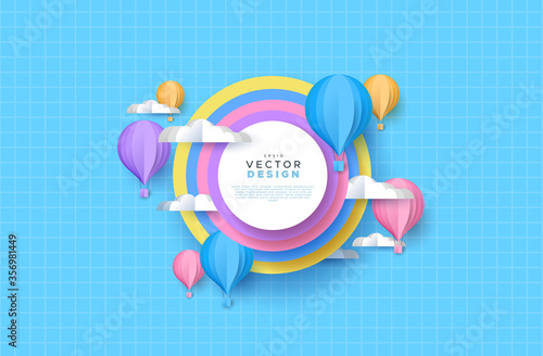 Cute papercut sky landscape background with white copy space circle frame. Hot air balloon, rainbow and clouds made in realistic paper craft art or origami style for baby nursery, children design. 
