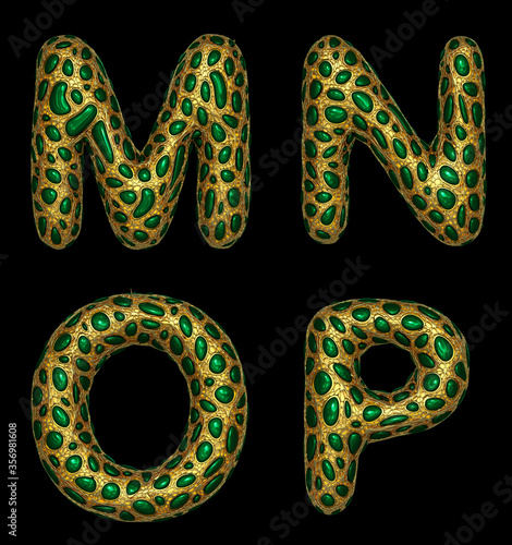 Letter set M, N, O, P made of realistic 3d render golden shining metallic.