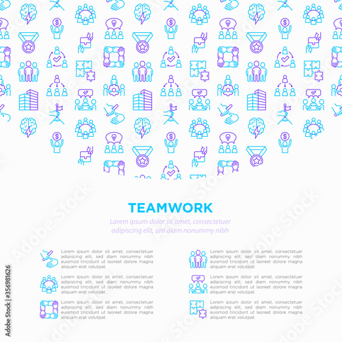 Teamwork concept with thin line icons: relay race, brainstorm, success, meeting, idea share, collaboration, joint project, unity, support, delegation, bonus. Modern vector illustration.