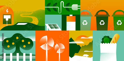Nature conservation illustration concept for environment campaign or eco friendly project. Modern flat mosaic set includes green energy technology, electric car, wildlife park and more. 