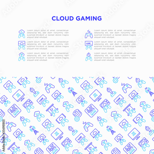 Cloud gaming concept with thin line icons: play on laptop, 120 FPS, low-latency gameplay, gamepad, wi-fi, instant installation, live streaming, game controller. Vector illustration
