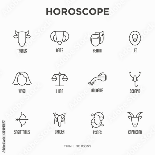 Set of zodiacal icons for horoscope wheel, chart, banner, web site. Vector illustration in thin line style.