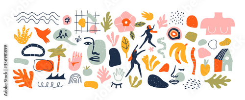 Set of trendy doodle and abstract nature icons on isolated white background. Big summer collection, unusual organic shapes in freehand matisse art style. Includes people, floral art and texture bundle