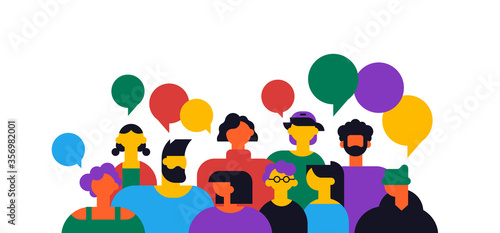Diverse young people group on isolated background with copy space. Modern people team, teenager students or business workers in flat cartoon style.
